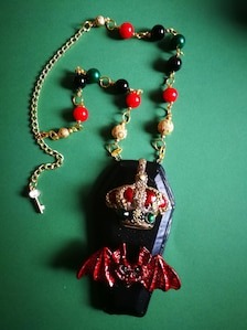 Vampire Jewelry Sculpted Coffin Necklaces Transylvania Dracula Castle Gothic Red Bat Dark Macabre Pendant