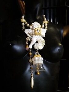 Fine Jewelry Set Statement Earrings and Necklace Musical Angel Sculpture Carving Couture Jewel Charm