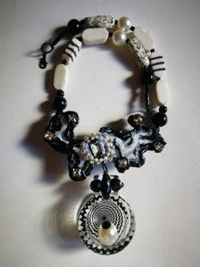 Orgonite Paradise, Black & White Statement Jewelry Massive Pendant Abstract Necklace Luxury Couture Sculpted Glass