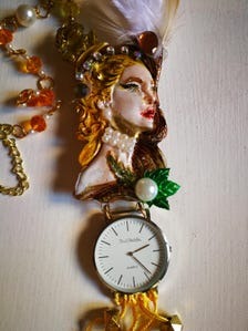Watch Jewelry Statement Luxury Pendant Necklace Royal Portrait Sculptural Couture Clock & Feather Tassel Jewel