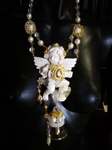 Fine Jewelry Set Statement Earrings and Necklace Musical Angel Sculpture Carving Couture Jewel Charm