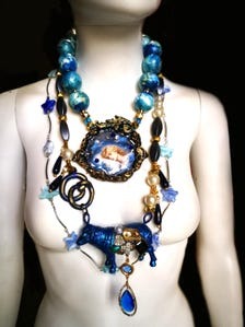 Whimsical Jewelry Big Bold Chunky Necklaces Oversized Pendant Animal Blue Sheep Maximalist Layered Lariat