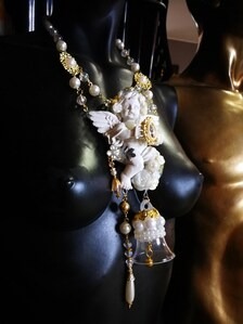 Fine Jewelry Set Statement Earrings and Necklace Musical Angel Sculpture Carving Couture Jewel Charm