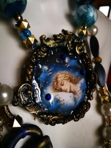 Whimsical Jewelry Big Bold Chunky Necklaces Oversized Pendant Animal Blue Sheep Maximalist Layered Lariat