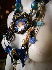 Whimsical Jewelry Big Bold Chunky Necklaces Oversized Pendant Animal Blue Sheep Maximalist Layered Lariat