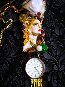 Watch Jewelry Statement Luxury Pendant Necklace Royal Portrait Sculptural Couture Clock & Feather Tassel Jewel