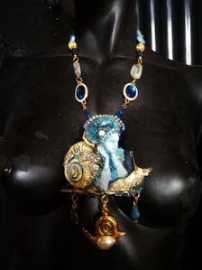 Snail Necklace Fine Luxury Statement Whimsical Jewelry Sculpted Portrait Pendant Gold Crystal Pearl & Stone
