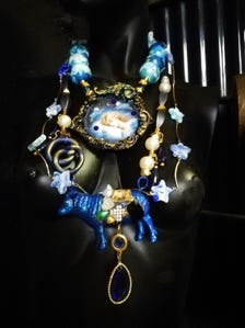 Whimsical Jewelry Big Bold Chunky Necklaces Oversized Pendant Animal Blue Sheep Maximalist Layered Lariat