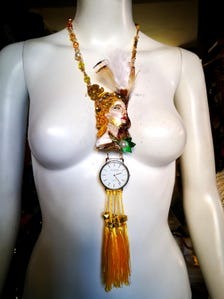 Watch Jewelry Statement Luxury Pendant Necklace Royal Portrait Sculptural Couture Clock & Feather Tassel Jewel