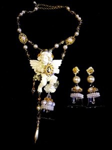 Fine Jewelry Set Statement Earrings and Necklace Musical Angel Sculpture Carving Couture Jewel Charm