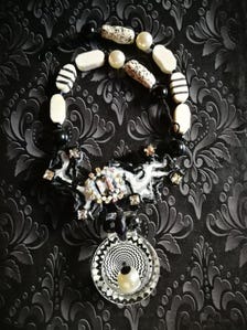 Orgonite Paradise, Black & White Statement Jewelry Massive Pendant Abstract Necklace Luxury Couture Sculpted Glass