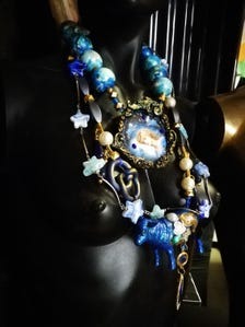 Whimsical Jewelry Big Bold Chunky Necklaces Oversized Pendant Animal Blue Sheep Maximalist Layered Lariat