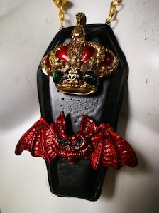Vampire Jewelry Sculpted Coffin Necklaces Transylvania Dracula Castle Gothic Red Bat Dark Macabre Pendant