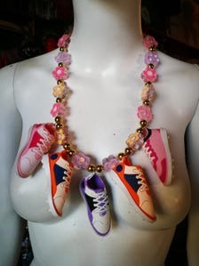 Sports Jewelry Custom Sneakers, Whimsical Statement Quirky Necklace Flower Rhinestone Accents Personalized Sport Lover
