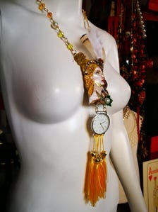 Watch Jewelry Statement Luxury Pendant Necklace Royal Portrait Sculptural Couture Clock & Feather Tassel Jewel