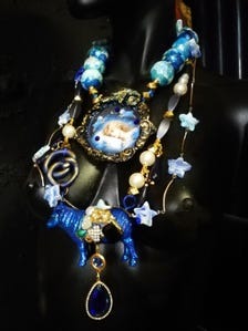 Whimsical Jewelry Big Bold Chunky Necklaces Oversized Pendant Animal Blue Sheep Maximalist Layered Lariat