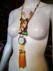 Watch Jewelry Statement Luxury Pendant Necklace Royal Portrait Sculptural Couture Clock & Feather Tassel Jewel
